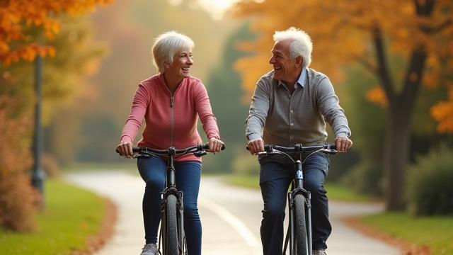 Older couple cycling outdoors