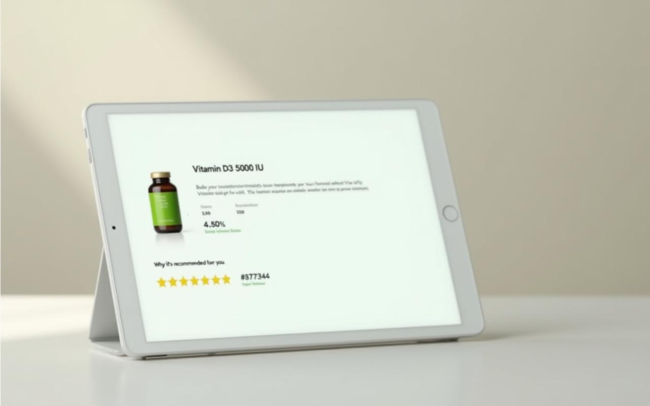 Mockup of Prime Life's personalized product recommendation page, showing a Vitamin D supplement with clear 'Why it's recommended for you' explanation and user rating.