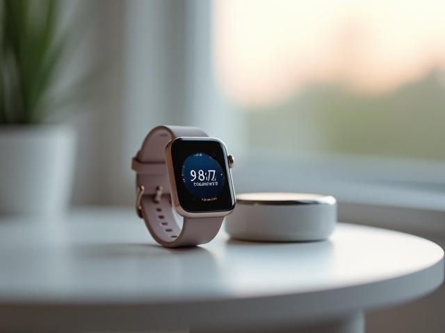 A sleek smartwatch displaying health metrics and a sleep monitor on a bedside table